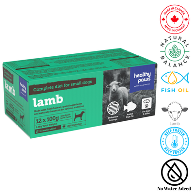 Healthy Paws Small Canine Complete Dinner Lamb 100 Grams, packed with high-quality lamb for balanced nutrition. Great for pet stores offering nutritious dog food.	