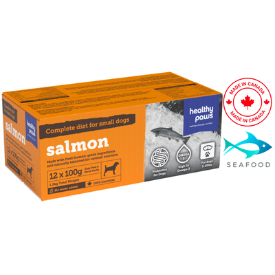 Healthy Paws Small Canine Complete Dinner Salmon 100 Grams, packed with high-quality salmon for balanced nutrition. Great for pet stores offering nutritious dog food.	