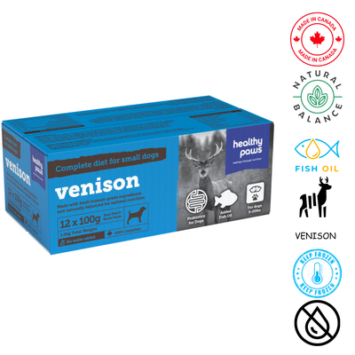 Healthy Paws Small Canine Complete Dinner Venison 100 Grams, packed with high-quality venison for balanced nutrition. Great for pet stores offering nutritious dog food.	