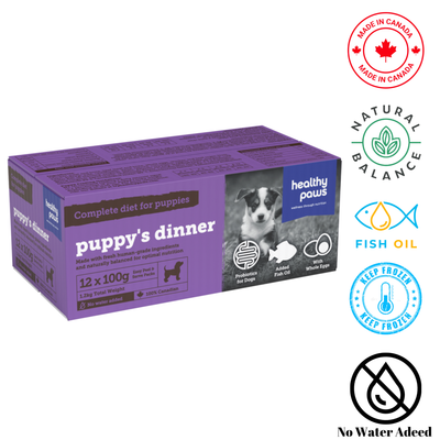 Healthy Paws Small Canine Complete Puppy Dinner 100 Grams, providing balanced nutrition for growing puppies. Ideal for pet stores offering nutritious puppy food options.	