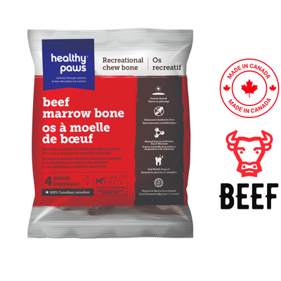 Healthy Paws Small Beef Marrow Bones 4 Pack, a delicious and nutritious treat for dogs. Perfect for pet stores offering premium dog chews and bones.	