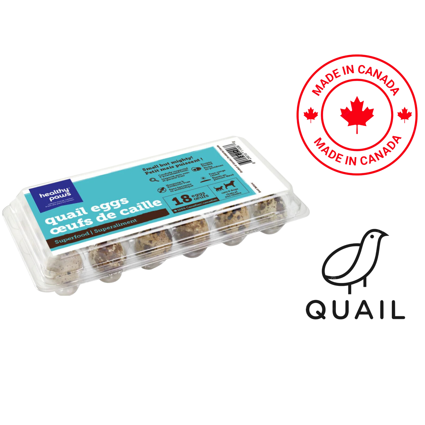 Healthy Paws Quail Eggs, 18 Egg Carton, providing a nutritious supplement for pets with high-quality quail eggs.	