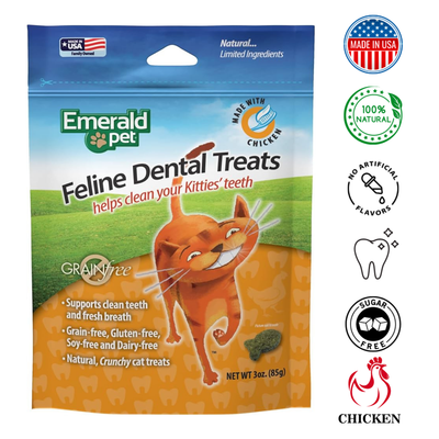 Emerald Pet Dental Cat Treats Chicken 3 Oz, delicious and nutritious treats, promotes dental health, reduces plaque and tartar buildup, supports fresh breath​​​​.