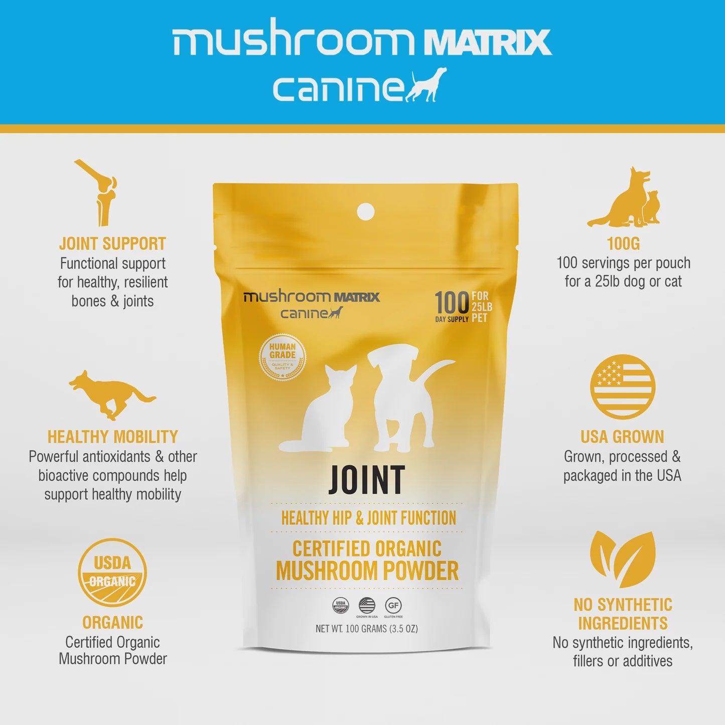 Canine Matrix Joint Flexibility Matrix Dog and Cat 100g, organic blend in powder form, promotes joint health and flexibility with glucosamine and l-ergothioneine, supports normal inflammatory response, keeps pets active and comfortable.