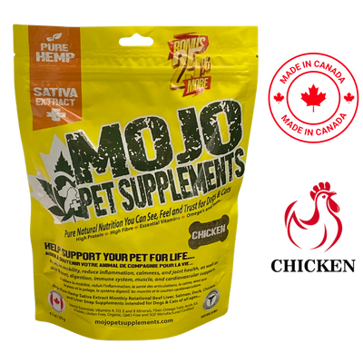 MOJO Pet Supplements with Hemp Chicken Flavoured Treats 275 Grams, ideal for rewarding your dog. Made with chicken and hemp, supporting overall wellness.