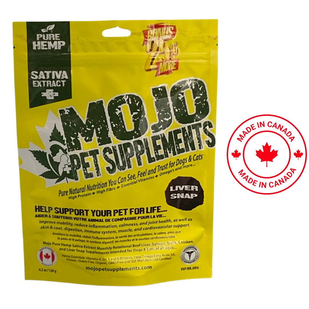 MOJO Pet Supplements with Hemp Liver Snap Flavoured Treats 120 Grams, ideal for rewarding your dog. Made with liver and hemp, supporting overall wellness.