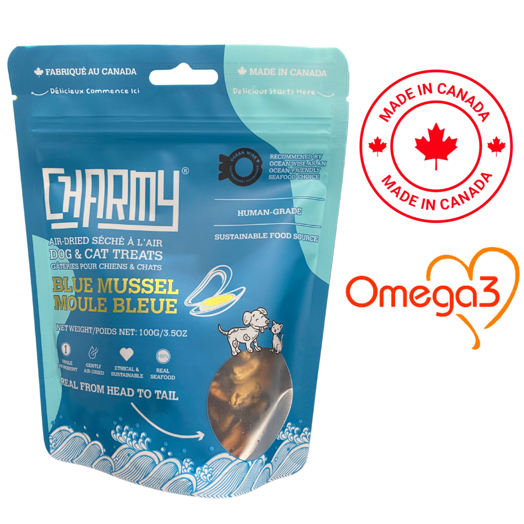 Charmy Air-Dried Blue Mussel 100 grams, air-dried blue mussel, nutritious and high-protein dog treats, supports a healthy diet and active lifestyle.