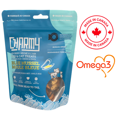 Charmy Air-Dried Blue Mussel 100 grams, air-dried blue mussel, nutritious and high-protein dog treats, supports a healthy diet and active lifestyle.