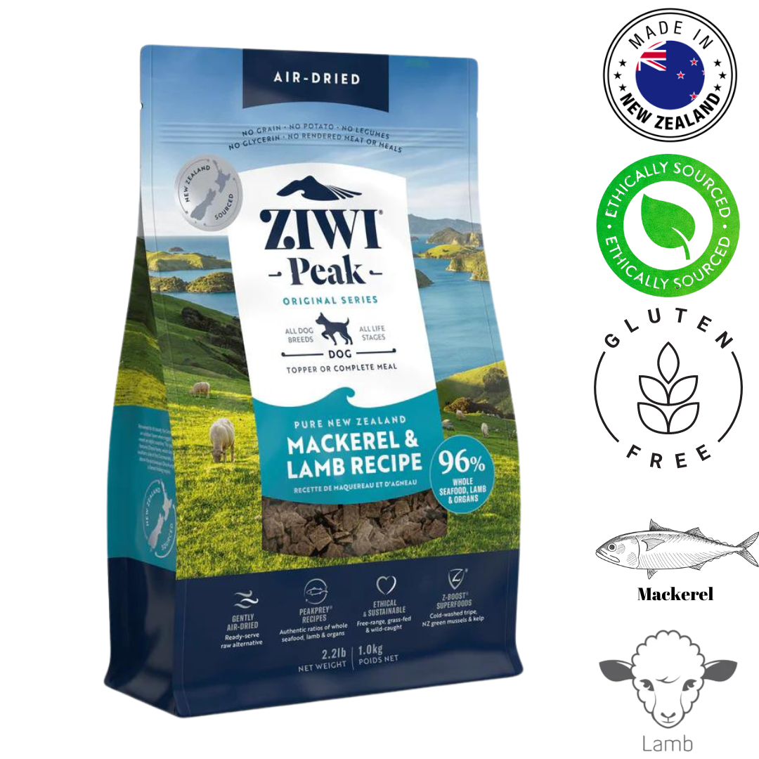 High-protein ZIWI Mackerel & Lamb Air Dried Dog Food, 1 Kg, ideal for promoting a healthy lifestyle and balanced nutrition for dogs.