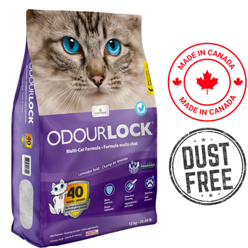 OdourLock Ultra Premium Lavender Clumping Litter Cat 12 Kg, highly effective clumping litter with a pleasant lavender scent. Controls odors and provides easy cleanup.	