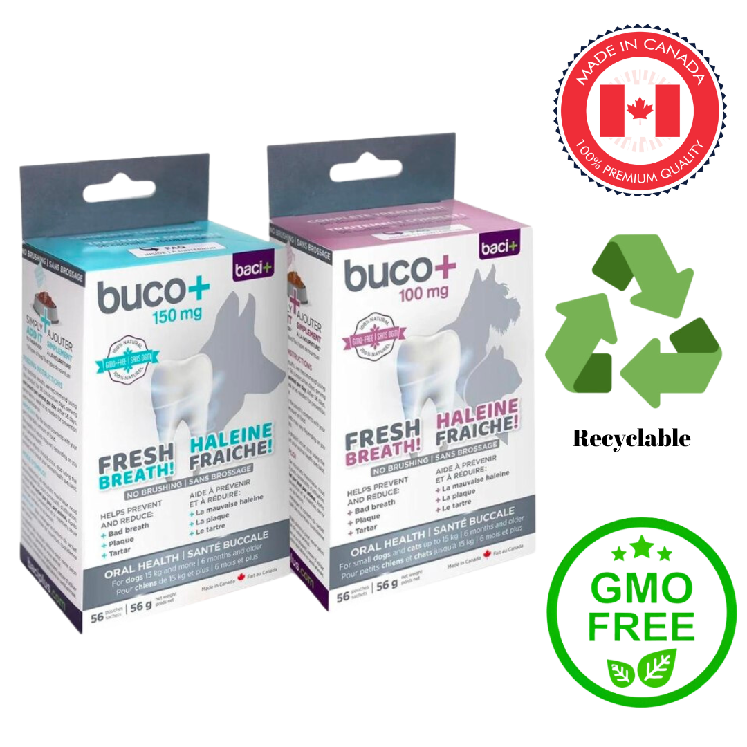 Baci+ Buco+ for Dogs and Cats, available in 35 Grams and 56 Grams sizes, specialized dietary supplement supporting oral health and fresh breath, prevents plaque and tartar buildup, maintains healthy gums, all-natural with no added flavors or aftertaste