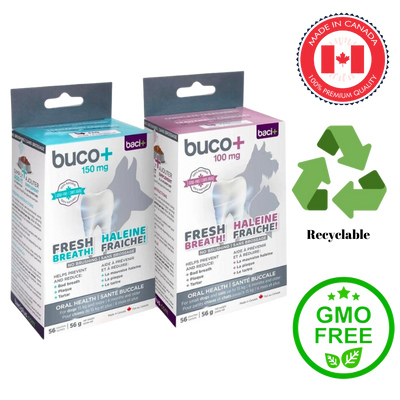 Baci+ Buco+ for Dogs and Cats, available in 35 Grams and 56 Grams sizes, specialized dietary supplement supporting oral health and fresh breath, prevents plaque and tartar buildup, maintains healthy gums, all-natural with no added flavors or aftertaste