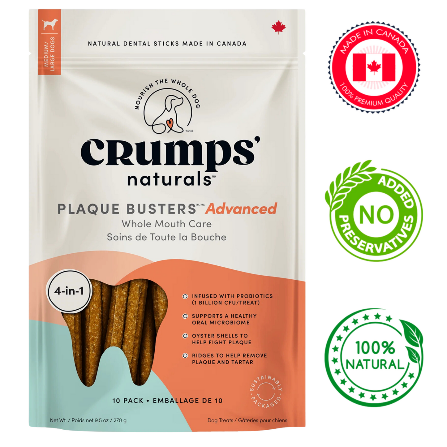 Crumps' Natural Plaque Busters Advanced Whole Mouth Care Dental Sticks With Probiotics Treats 270 Grams: Bacon-flavored dental sticks enriched with probiotics for advanced whole mouth care in dogs.