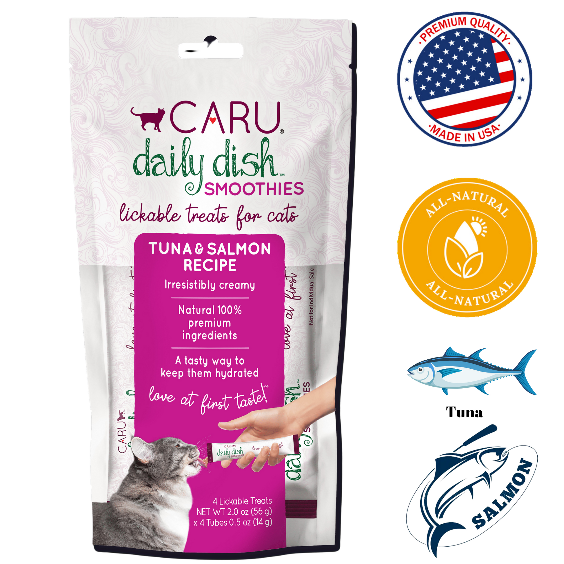 Caru Daily Dish Smoothie Tuna and Salmon Cat Treat 3 oz, tuna and salmon smoothie cat treat, high-protein and nutritious, promotes healthy eating and active play.
