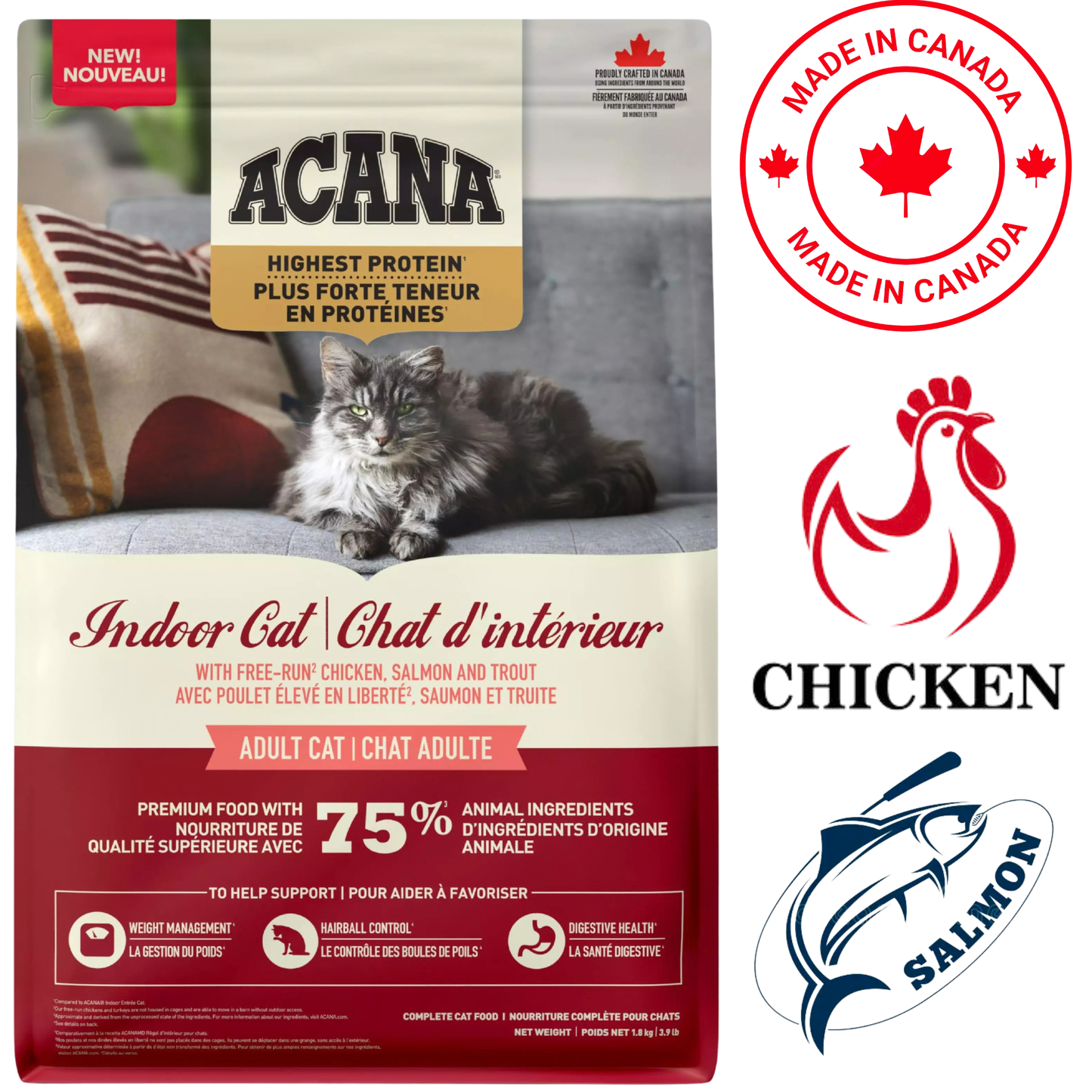 Acana - 高蛋白室内成年猫干粮 - 4 磅