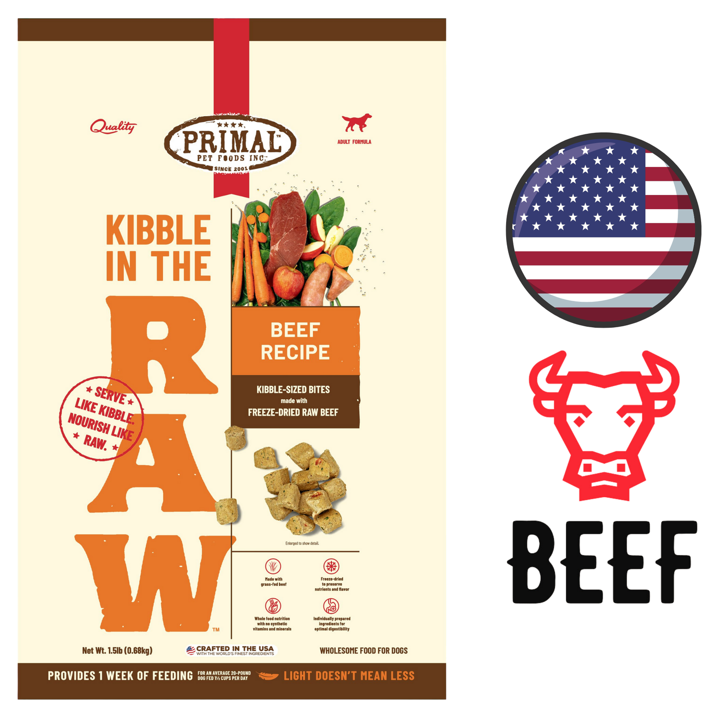 Primal - Kibble In The Raw Beef Freeze Dried Dog Food - 1.5 lb