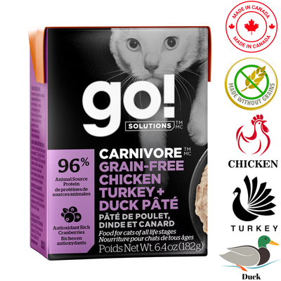 Go! Solutions - Carnivore Grain Free Chicken, Turkey + Duck Pate Wet Cat Food - 6.4 Oz