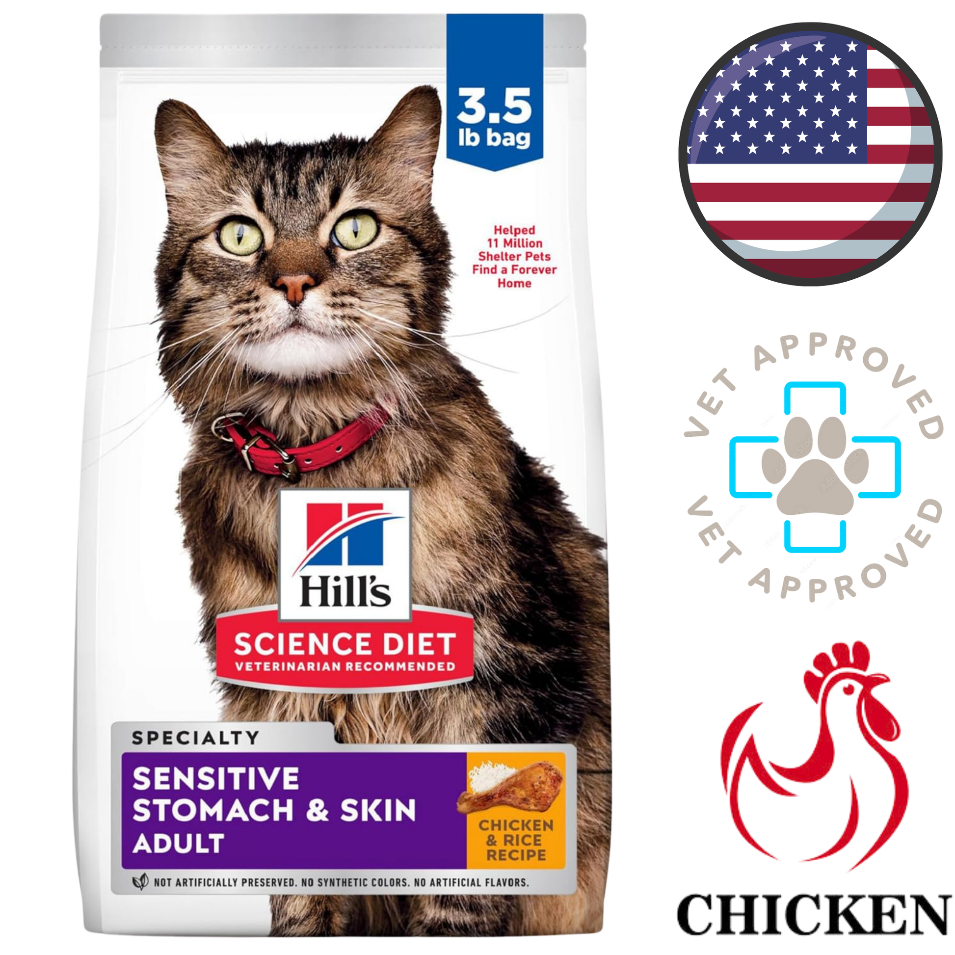 Hill's Science Diet cat food 3.5 lb bag Sensitive Stomach and Skin Adult Chicken and Rice recipe with tabby cat image