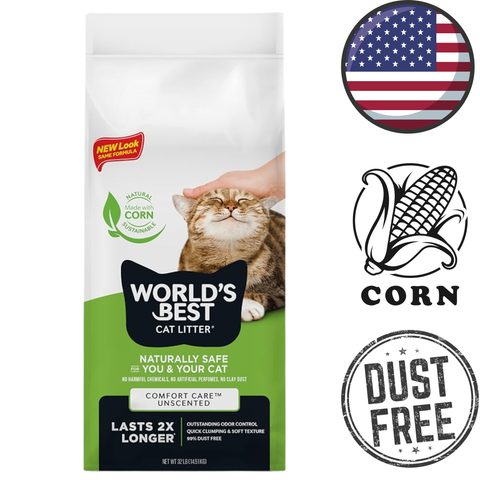 Worlds Best Cat Litter unscented corn formula bag showing happy cat and corn icon clumping cat litter for odor control dust free