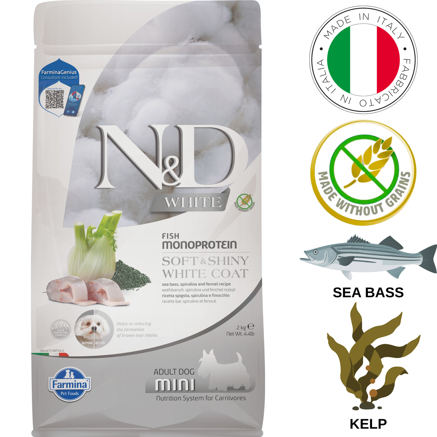 Farmina - Soft & Shiny White Coat Sea Bass & Kelp Adult Mini Dry Dog Food - 4.4 lb