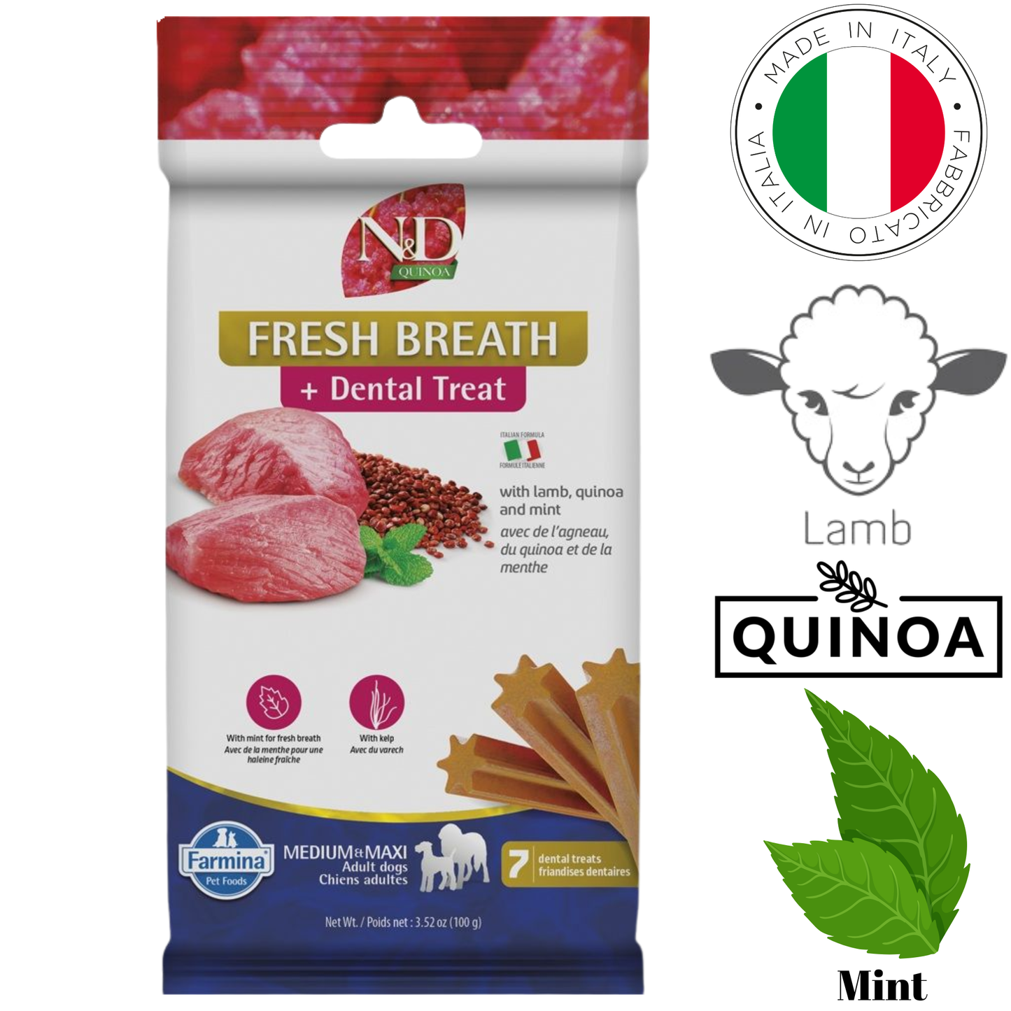 Farmina - Fresh Breath Lamb & Mint Medium & Maxi Dental Dog Treats - 100 Grams