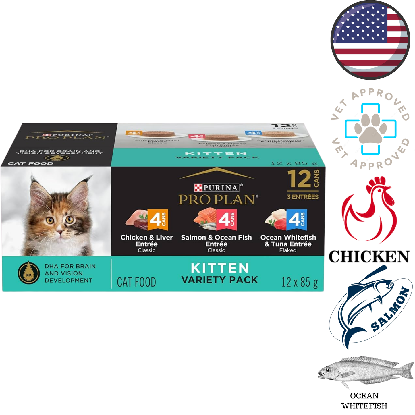 Purina - Pro Plan Chicken & Liver, Salmon & Ocean Fish and Ocean Whitefish & Tuna Kitten Variety Pack Canned Cat Food - 3 Oz