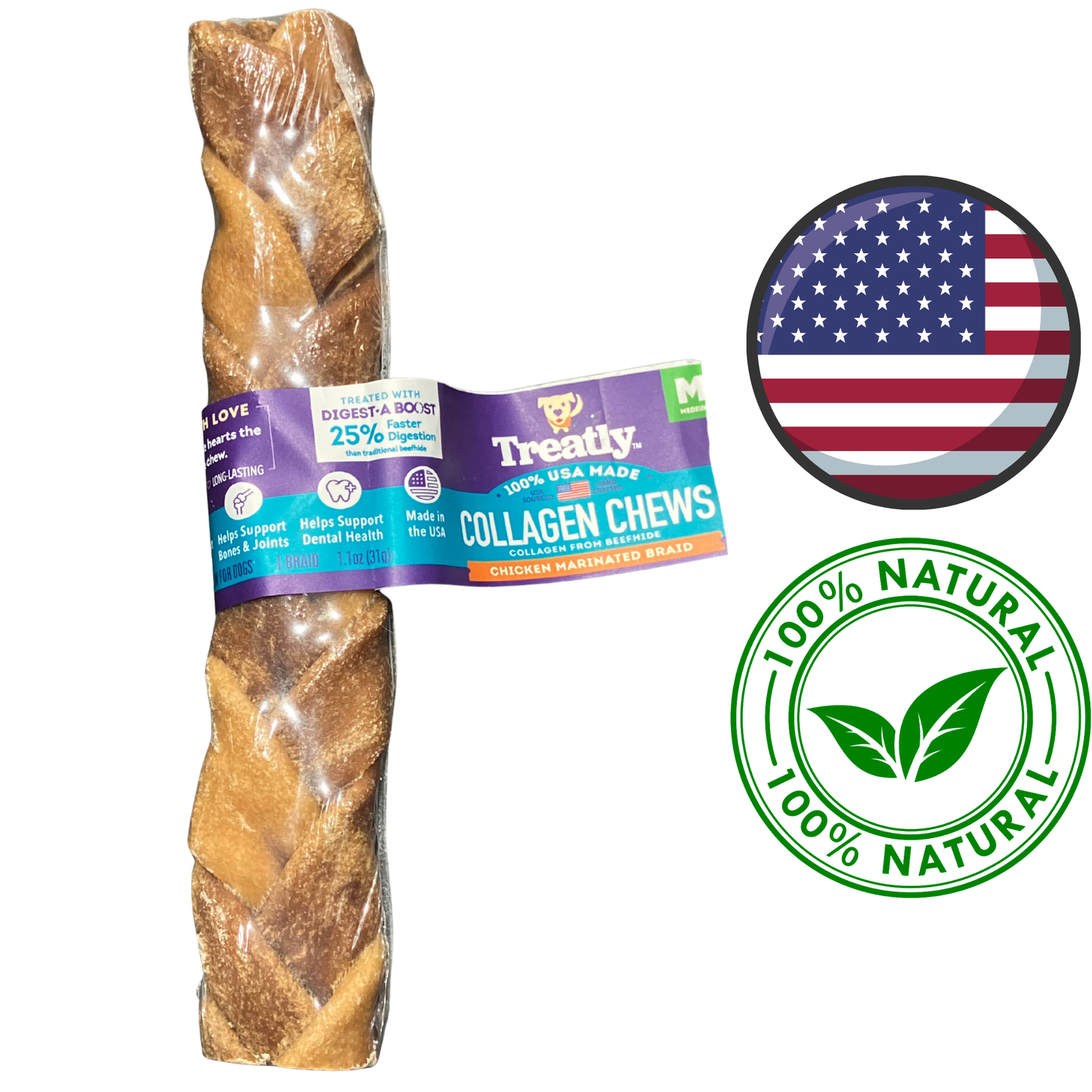 Treatly - Collagen Braids Coated With Chicken Dog Treats - Medium