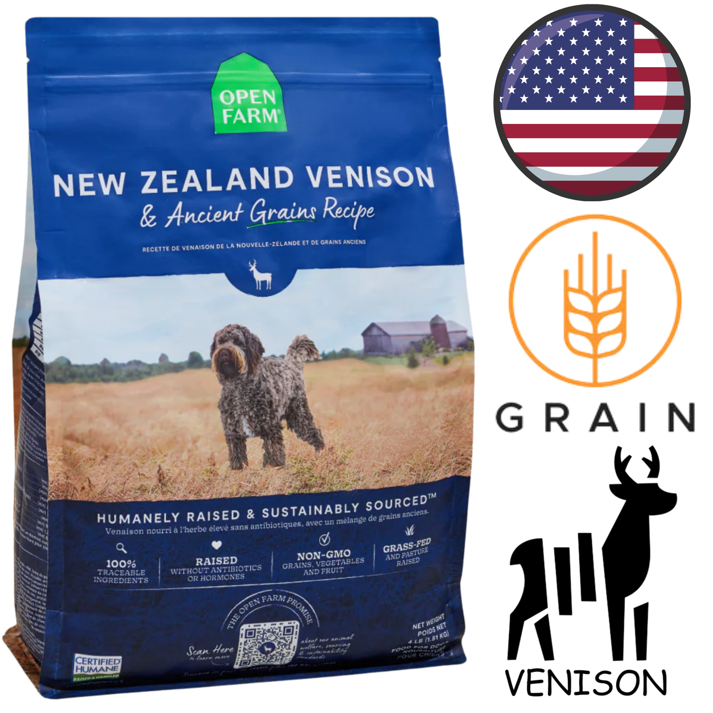 Open Farm - New Zealand Venison & Ancient Grains Dry Dog Food - 4 lb