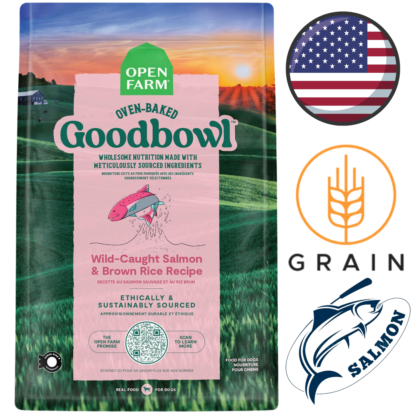 Open Farm - Croquettes pour chiens Goodbowl au saumon sauvage et au riz brun - 1,6 kg, 10 kg