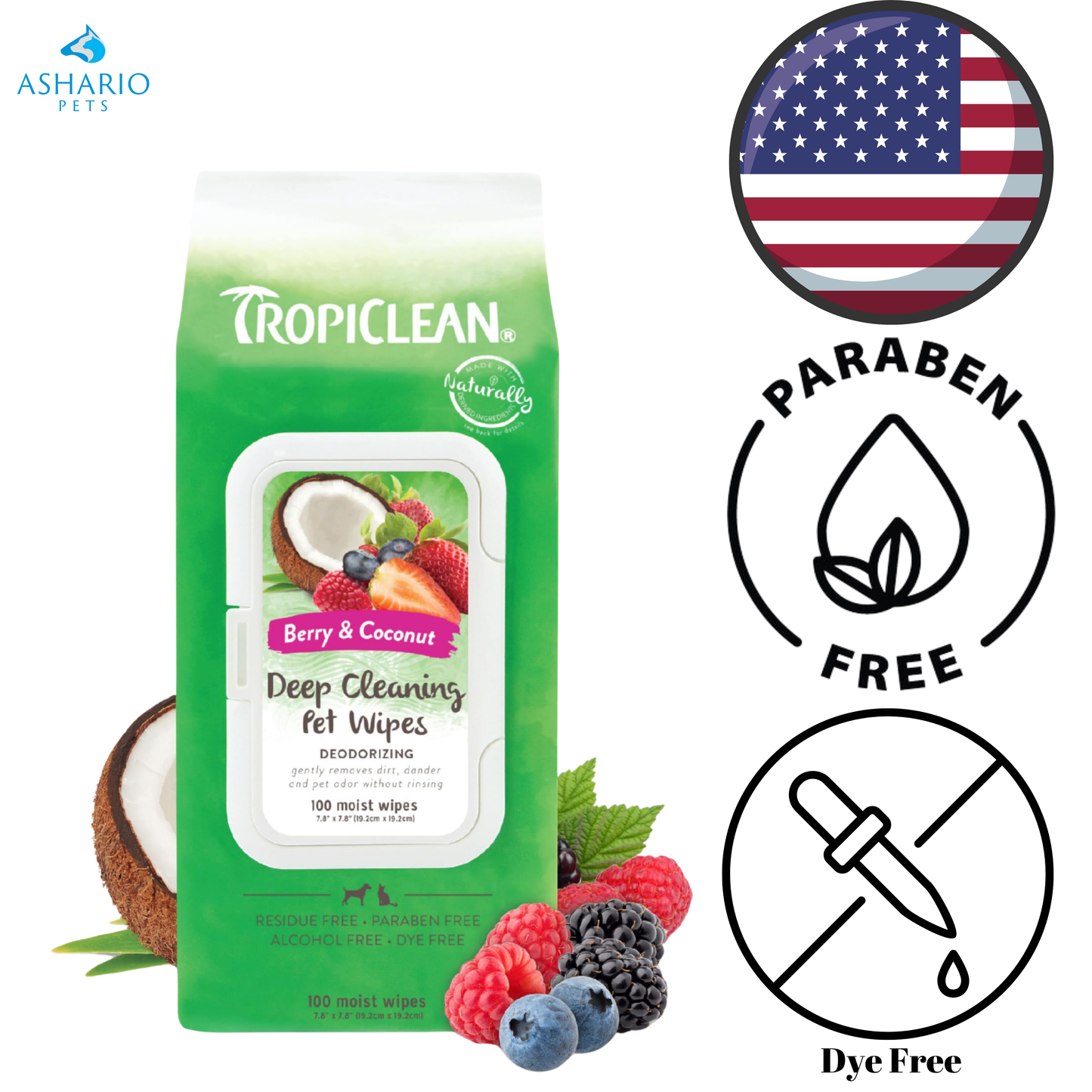 TropiClean - Lingettes nettoyantes en profondeur aux baies et à la noix de coco - Paquet de 100