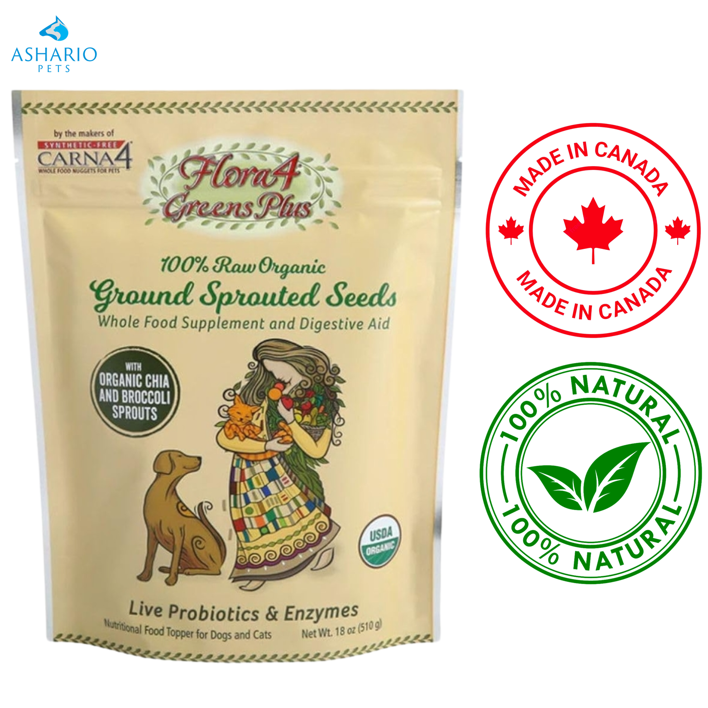 Carna4 - Flora4 Greens Plus Ground Sprouted Seeds Dog & Cat Food Topper