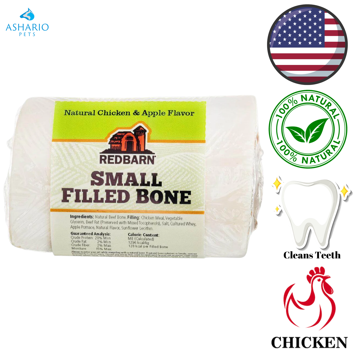 RedBarn - Friandises pour chiens au poulet et à la pomme, avec os naturels fourrés - Petit, Grand