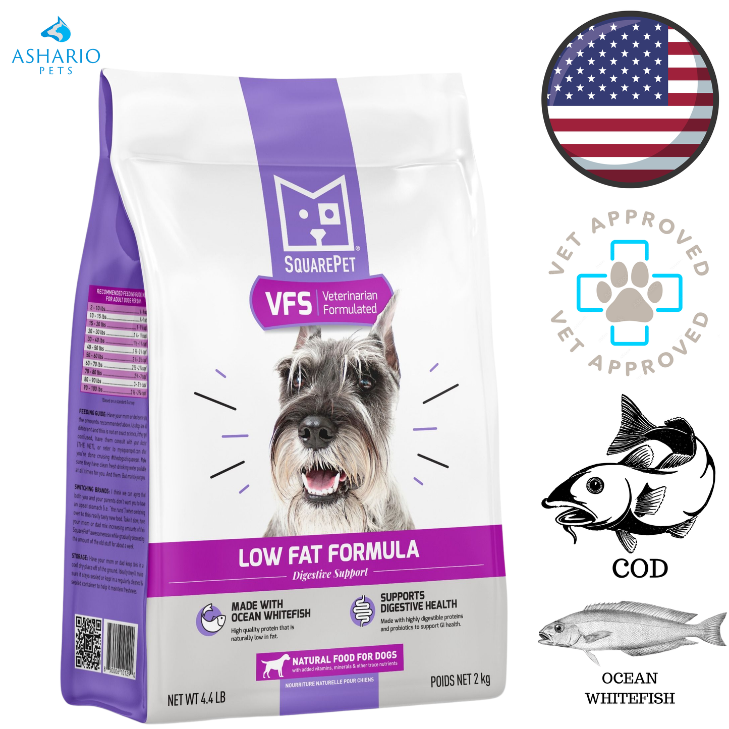 SquarePet - Croquettes pour chiens à faible teneur en matières grasses - 4,4 lb, 22 lb