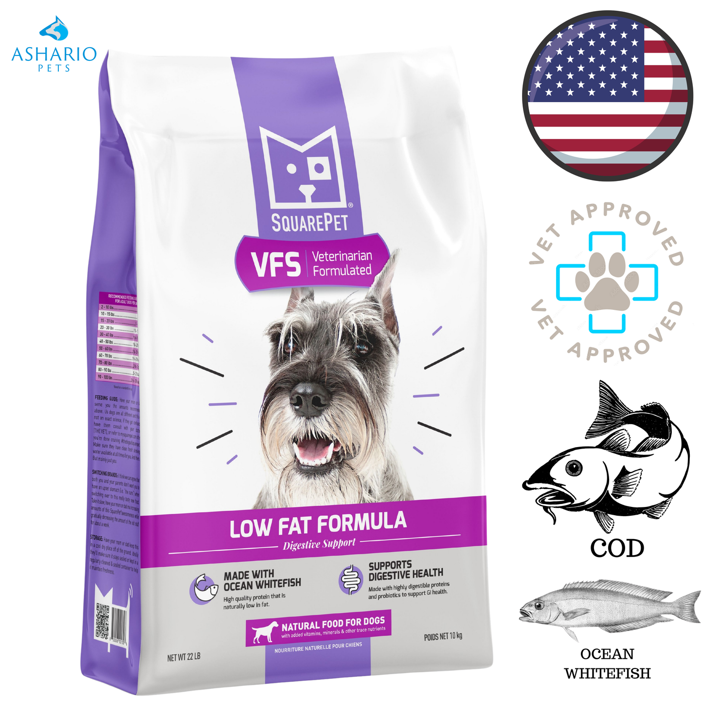 SquarePet - Croquettes pour chiens à faible teneur en matières grasses - 4,4 lb, 22 lb