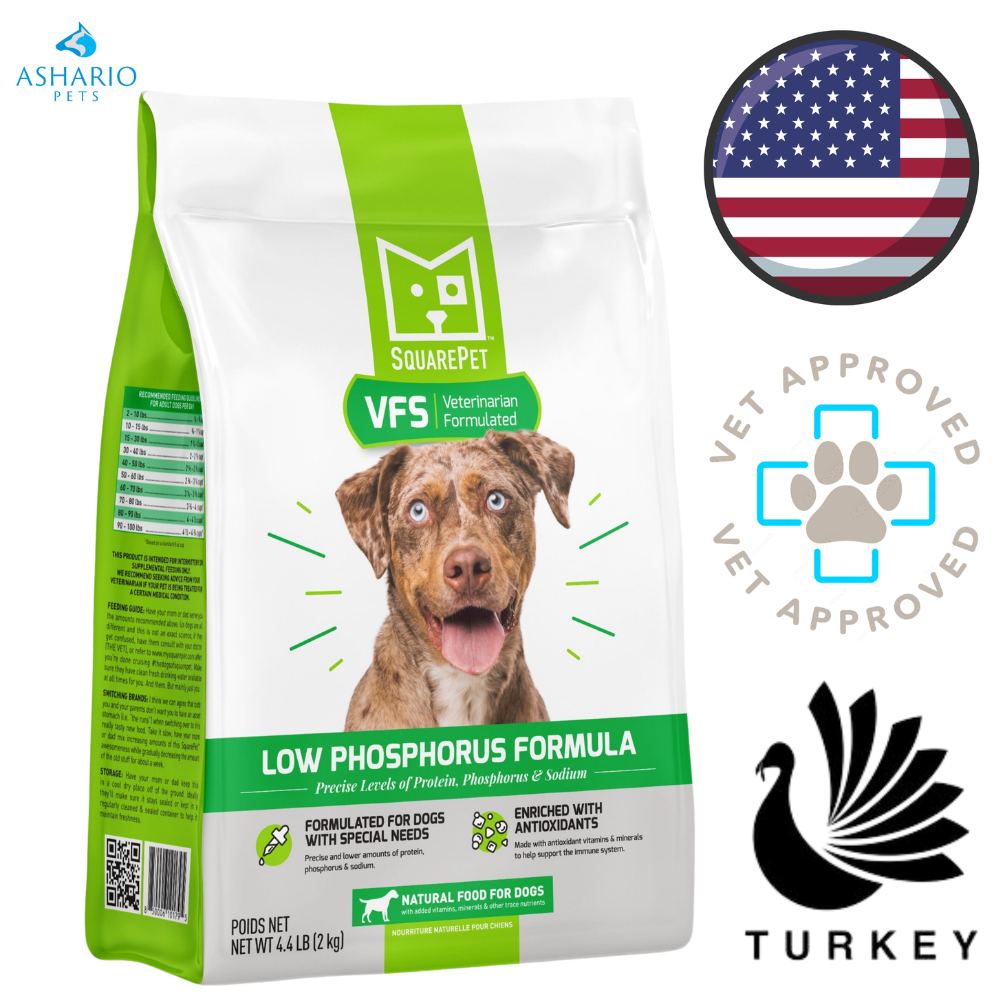 SquarePet - Croquettes pour chiens à faible teneur en phosphore - 4,4 lb, 22 lb