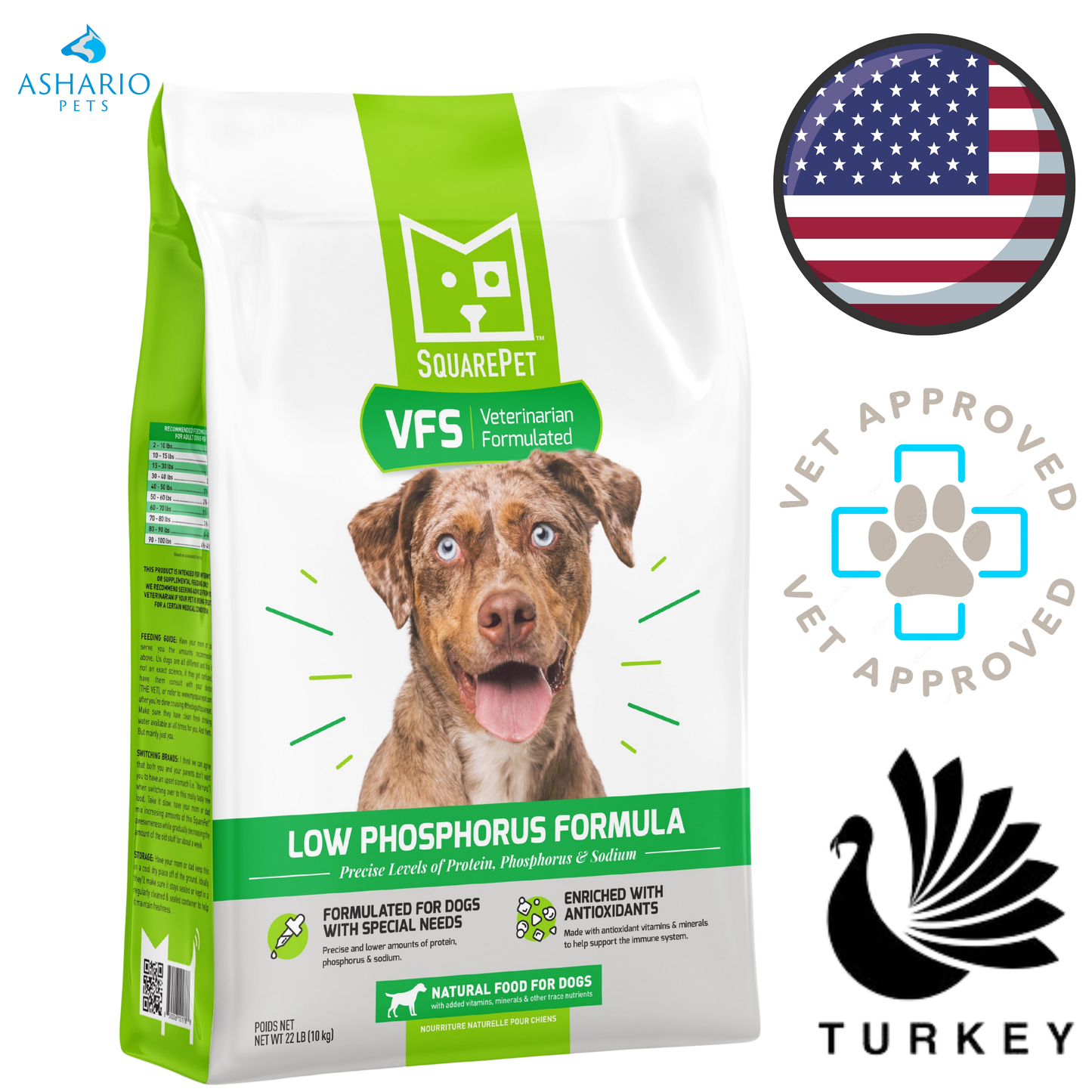 SquarePet - Croquettes pour chiens à faible teneur en phosphore - 4,4 lb, 22 lb