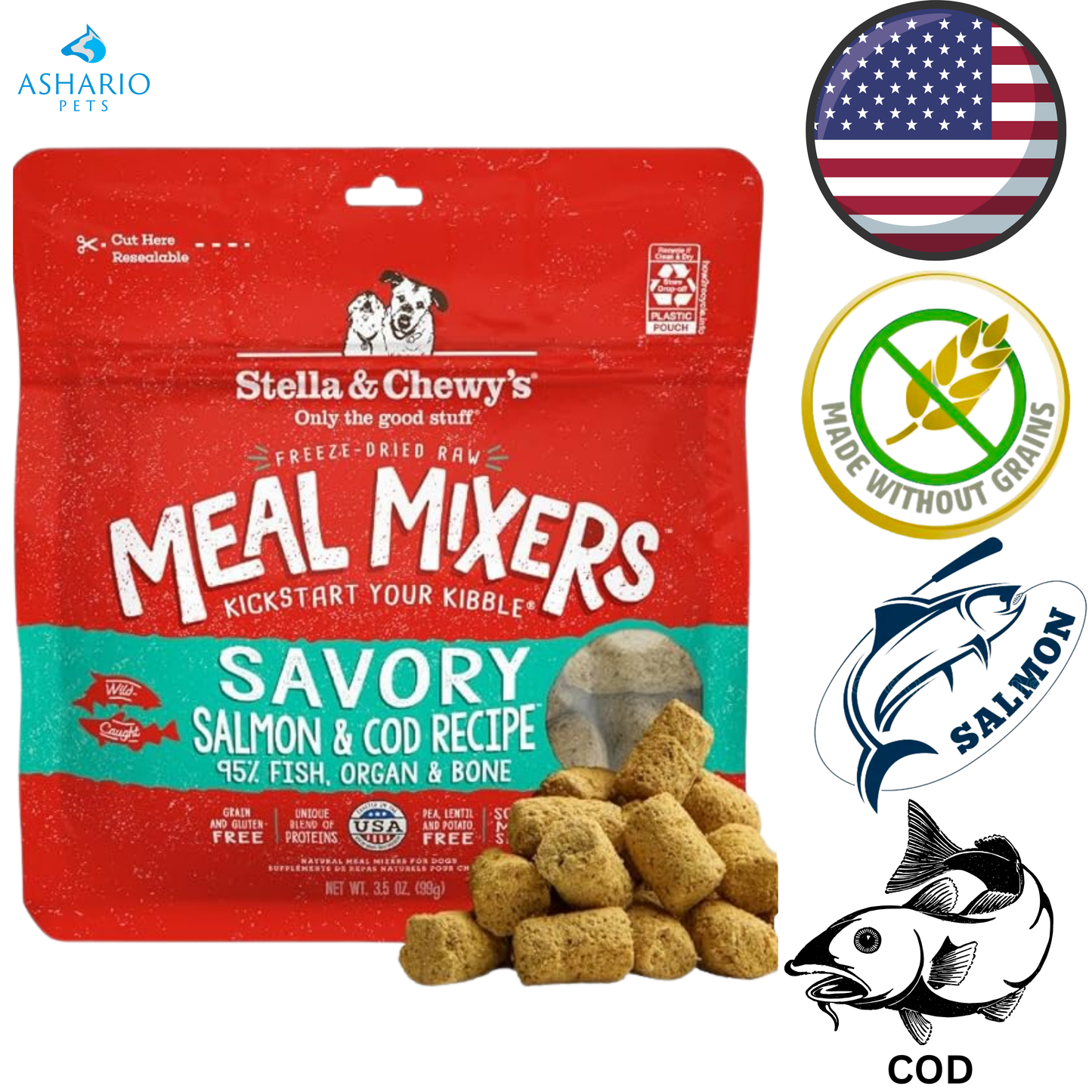 Stella &amp; Chewy's - Mélanges de repas crus lyophilisés au saumon et à la morue pour chiens - 3,5 oz