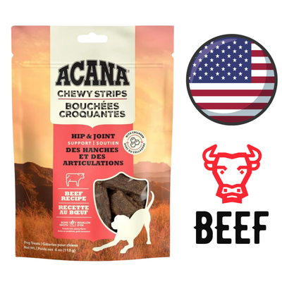 Acana - 耐嚼牛肉条，臀部和关节支持狗零食 - 113克