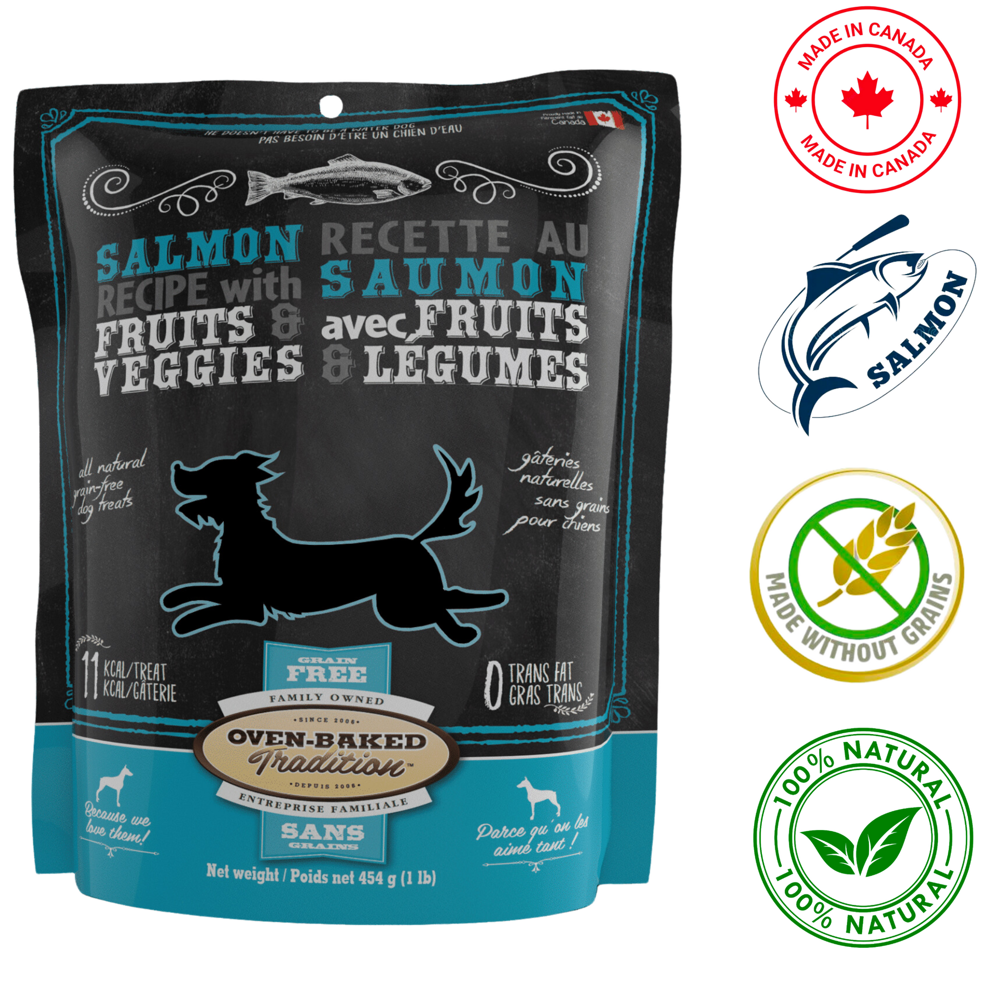 Oven-Baked Tradition Grain Free Salmon Dog Treats 454 Grams, delicious grain-free treats for dogs. Made with salmon, perfect for rewarding your furry friend.	