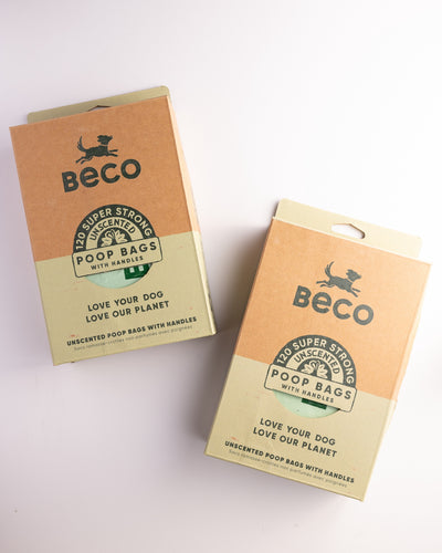 Beco Poop Bags with Handles 120 Pack, sustainable and odorless pet waste disposal solution, made from compostable plant-based materials, strong, leak-proof, tear-resistant, ideal for sensitive pets