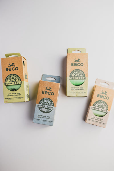 Pack of 4 Beco Scented Poop Bags Mint, environmentally friendly solution for pet waste, plant-based materials, mint scent masks odours, strong, leak-proof, tear-resistant for reliable cleanup.