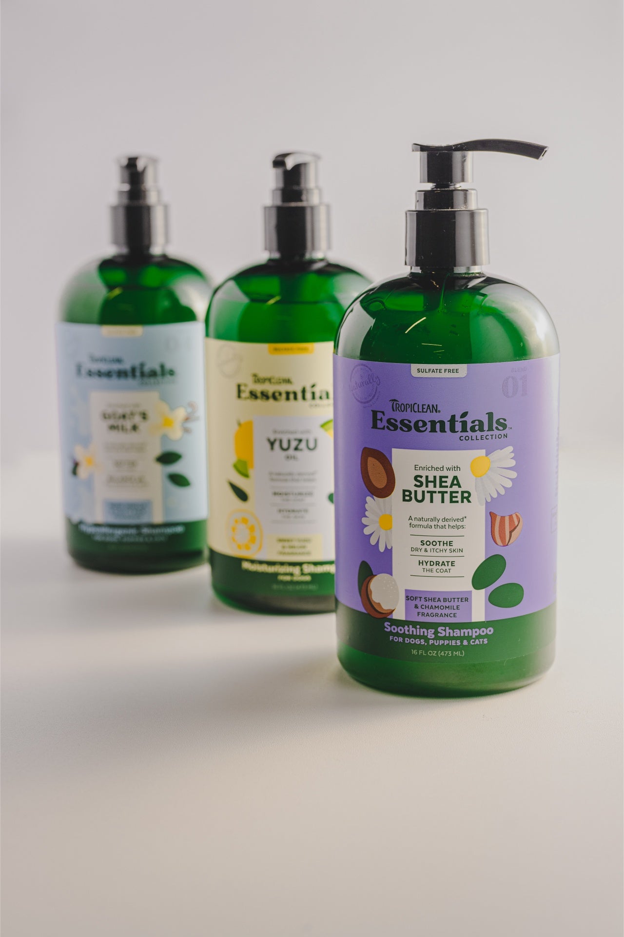 TropiClean Essentials Shea Butter & Chamomile Shampoo 16 oz - Provides soothing bath time with the natural benefits of shea butter and chamomile, perfect for pets' sensitive skin.