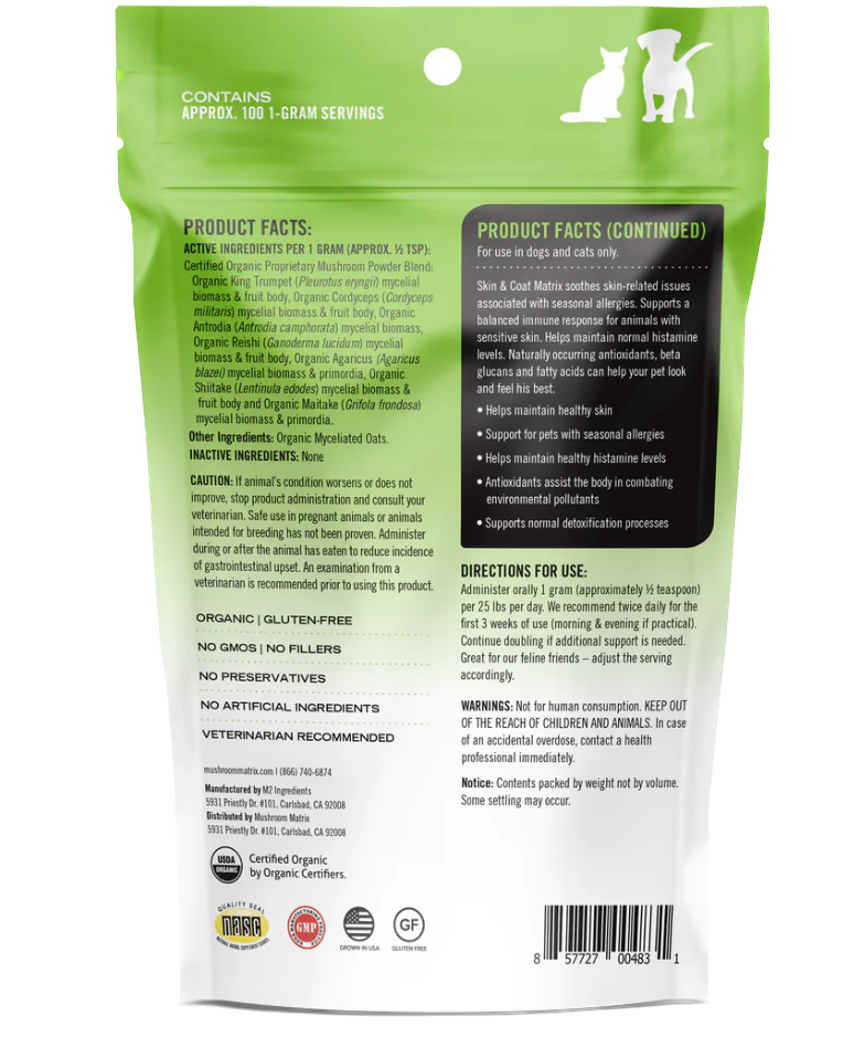 Back view of Canine Matrix Skin and Coat Mushroom Powder Dog and Cat 100g, showcasing organic ingredients for promoting healthy skin and coat, supporting immune health, and easy-to-mix daily use.