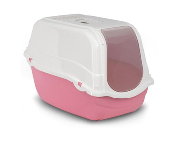 High-quality pink litter box with top cover and carbon filter for enhanced privacy and cleanliness.