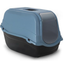 Durable blue litter box featuring a removable top cover and carbon filter, designed to prevent litter tracking.