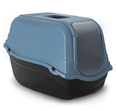 Durable blue litter box featuring a removable top cover and carbon filter, designed to prevent litter tracking.