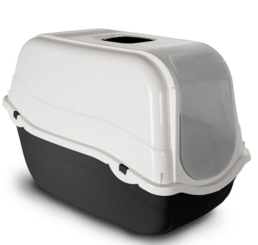 Stylish white and black litter box with swing door, carry handle, and non-slip feet, ensuring easy maintenance and clean floors.