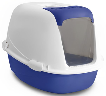 Bergamo Litter Box Curvy - Sky Blue, designed for enhanced privacy and mess containment, durable high-quality construction for easy maintenance, removable top cover for effortless cleaning, prevents litter tracking to keep floors clean, features swinging door, carry handle, non-slip feet, includes a carbon filter.