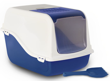 Bergamo Litter Box Ariel With Top - Blue Sky, designed for privacy and mess containment, durable construction for easy maintenance, removable top cover for effortless cleaning, prevents litter tracking, features swinging door, carry handle, and non-slip feet.