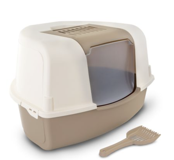 Bergamo Litter Box Ariel With Top Corner - Mocaccino, designed for privacy and mess containment, durable construction for easy maintenance, removable top cover for effortless cleaning, prevents litter tracking, features swinging door, carry handle, and non-slip feet.